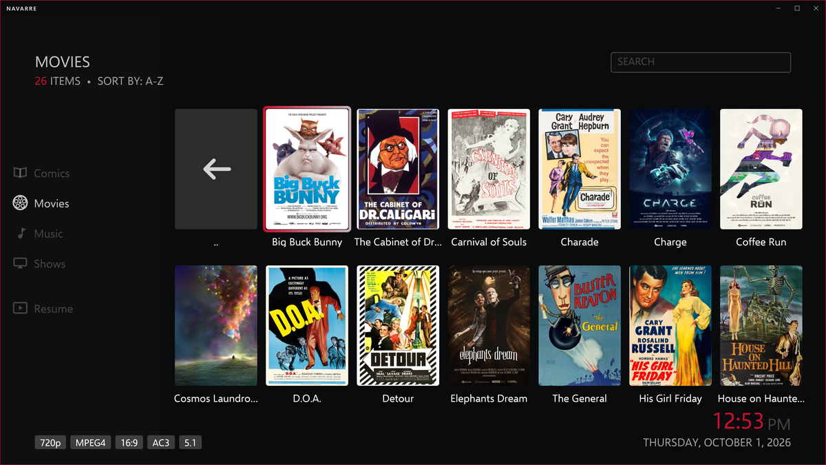 The Navarre desktop app for Windows, showing a library of films.
