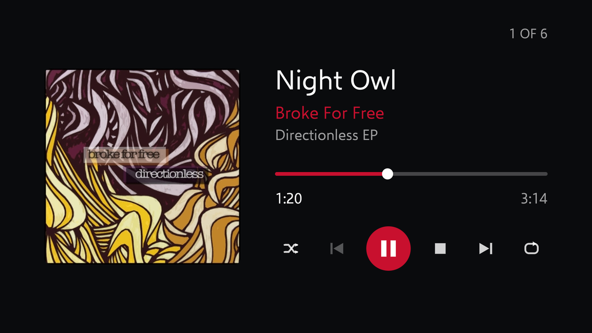 The Navarre now-playing screen on a television, with album art, the track playing, and transport controls.