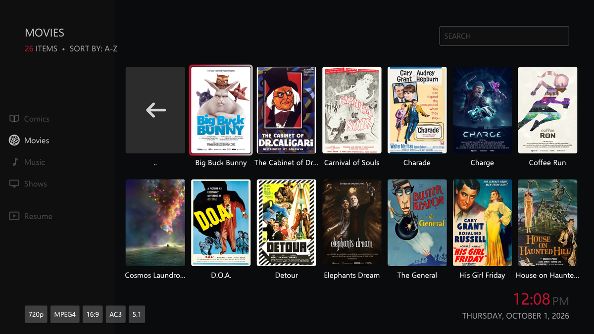 The Navarre movies wall on a television: film posters, one of them focused.